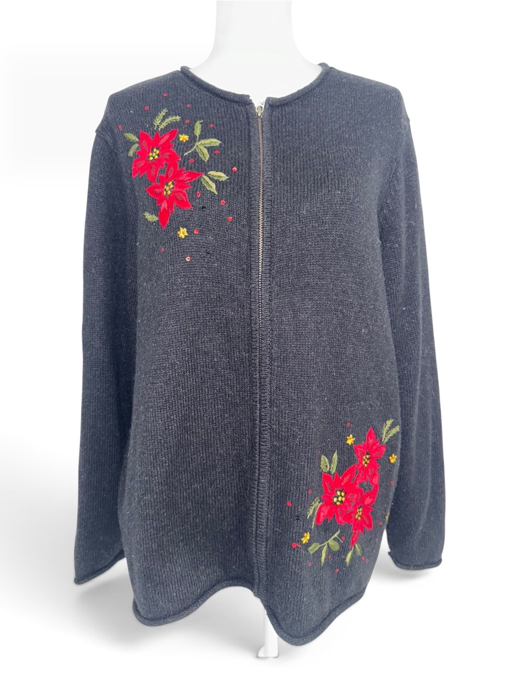 Croft & Barrow Women Black Poinsettia Embroidered Zip Cardigan Sweater Wool